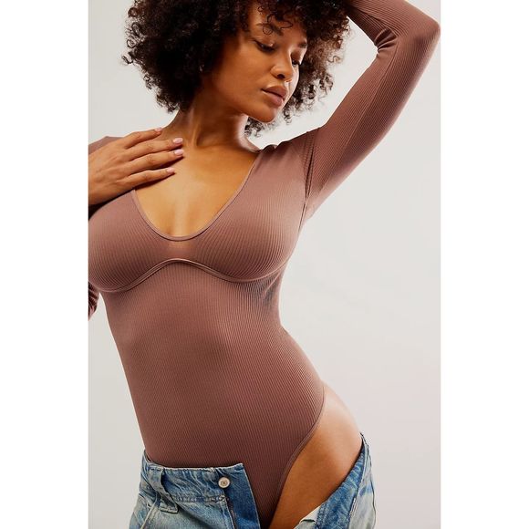Free People Movement Meg Seamless V-Neck Long-Sleeve Bodysuit in Ash/Brown - Picture 2 of 12